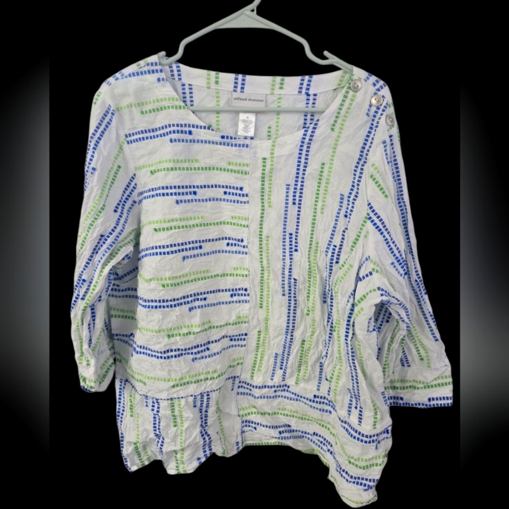 Alfred Dunner White Top with Blue and Green Stripes, Plus Size 2X
